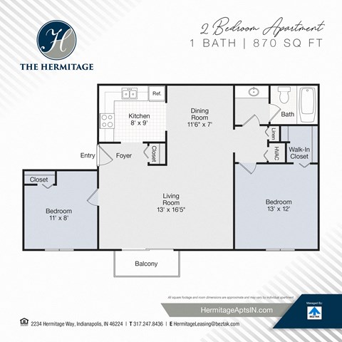 Floor plan for 2 beds, 1 bath, 870 sqft